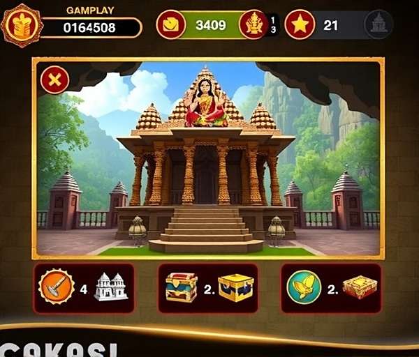 Lakshmi S Loot Legends - Divine Gameplay Lakshmi S Loot Legends gameplay showing temple scene with Goddess Lakshmi and treasure chests